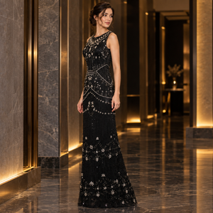 Floral Sequin Black Evening Dress Round Neck Sleeveless | 3D Embellished <b>Floor</b> <b>Length</b> Column Silhouette Formal Party Sheath <b>Gown</b> - Product Image 3