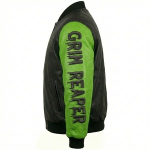 Chaqueta de Invierno Personalizada para Hombre, con Bordado de Calavera de Grim Reaper, Estilo Urbano, Negra y Verde, de Cuero Genuino, con Cuello Mao, Resistente al Viento - Product Image 4