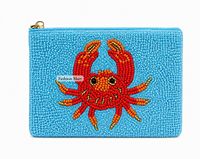 Porte-monnaie en forme de crabe perlé bleu fait main avec fermeture éclair, style créatif unisexe, mini format, en toile avec doublure en satin