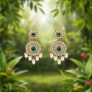 Pendientes Jhumki Tradicionales Chapados en Oro con Jade y Piedra Pota, con Diseño de Gota y Tipo Stud, Hechos de Aleación-10575572WH - Product Image 3
