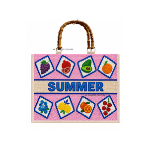 Bolso tote personalizado con cuentas de semillas y diseño a cuadros, temática de verano, hecho a mano, de bambú, artesanal, de lujo, para la playa. - Product Image 4