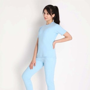 Women's 2 Piece <b>Knitted</b> <b>Set</b> Light Blue Crew Neck Short Sleeve Solid Color Casual Seasons Regular Fit Breathable Cotton Pants - Product Image 5