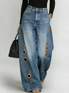 Custom Metal Eyelet Grommet Hole <b>Baggy</b> Straight <b>Women</b> High Waist Wide Leg <b>Jeans</b> Washed Black Denim Pants Streetwear Trousers - Product Image 2