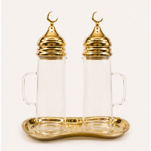 Juego de dispensadores de aceite de vidrio de lujo para decoración de Ramadán con bandeja, tapa dorada con forma de luna creciente islámica, decoración de mesa para Eid Mubarak - Product Image 1