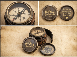 Retro Nautical Brass <b>Compass</b> with Engraved Leather Case Pointer Dial for Outdoor Hiking Adventure Portable Pocket Style - Product Image 5