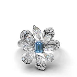 Elegant 18K Gold Lab Grown Diamond Floral <b>Ring</b> Blue Emerald Center Stone Rhodium Plated Luxury Engagement Anniversary Wedding - Product Image 1