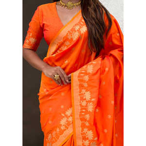 ผ้าไหมปิชไวทอลายสีส้ม ทอแบบซารี เสื้อผ้าอินเดียและปากีสถาน ผ้าทอระดับพรีเมียม 650 กรัม - Product Image 3