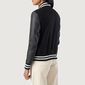 Veste universitaire unisexe noire en PU avec manches en cuir, col rabattu, fermeture à boutons, style preppy, vêtement d'automne - Product Image 2