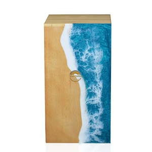 Urne funéraire artisanale en résine et bois naturel, motif vague océanique, pour cendres humaines, par AYAANS - Product Image 3