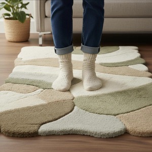 Tapis en laine tufté à la main, moderne, abstrait, beige et vert neutre, pour salon, chambre, décoration intérieure, tapis doux et luxueux - Product Image 1