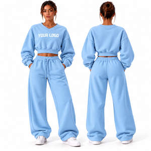 Custom <b>Women</b> Clothing Cotton <b>Fleece</b> Tracksuit <b>Women</b> Cropped Sweatshirt and <b>Jogger</b> Two Pieces Set for <b>Women</b> - Product Image 1