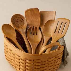 Ensemble d'ustensiles de cuisine en bois de teck, cuillères en bois naturel avec support, gadgets de cuisine écologiques, cadeau pour chef, antiadhésif et sûr - Product Image 1
