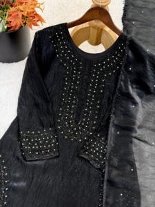Conjunto de traje Salwar de seda Fandy de alta calidad con bordado de cuentas, Kurti de manga larga y Dupatta de encaje Moti para mujer - Product Image 3