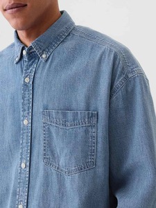Chemise en jean bleue pour homme, col boutonné, manches longues, coupe classique, couleur unie, 100% coton, tissu tissé anti-plis - Product Image 6