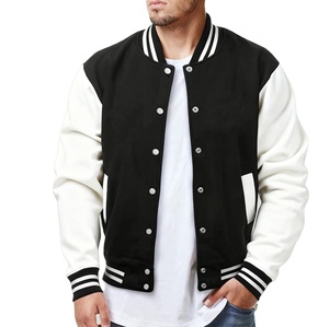<b>Men</b> Black And <b>White</b> Varsity <b>Jacket</b> Regular Fit Cotton Polyester Baseball Style Casual Outerwear With Button Closure <b>Jackets</b> - Product Image 1