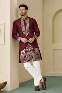 Men's Maroon Embroidered <b>Kurta</b> White Churidar Wedding Traditional <b>Indian</b> Pakistani Outfit Regular Fit Knee-Length Quick Dry - Product Image 2