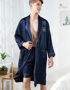 Pyjama et pantalon de nuit en satin vert pour homme, en polyester/coton tricoté, couleur unie, doux pour l'hiver, vêtement d'intérieur estival, col en soie glacée - Product Image 1