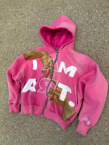 Sweat-shirt à capuche zippé unisexe, style streetwear, avec broderie appliquée, sérigraphie, patchs en chenille et effet délavé à l'acide. - Product Image 3
