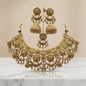 Best Quality Designer Matte Finish <b>Gold</b> Plated Necklace <b>Set</b> With <b>Earrings</b> Tikka for Wedding Wear Collection For Women - Product Image 1