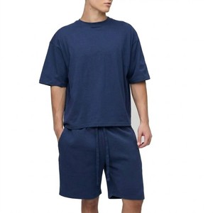 Custom Men Navy Blue Oversized T Shirt and Sweat Shorts Matching <b>Set</b> Casual Summer Cotton Tracksuit Streetwear Outfit - Product Image 1
