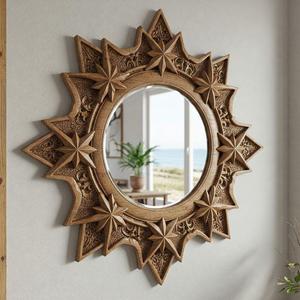 Hand-Carved Sunburst <b>Star</b> Solid Wood Wall <b>Mirror</b> - Product Image 1