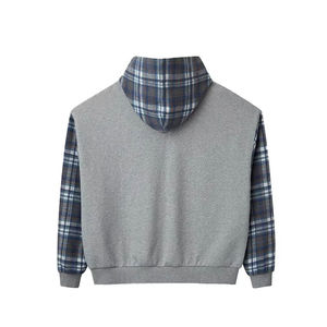 Men's Gray Plaid Patchwork Pullover Hoodie Casual Sweatshirt Oversized Fit Winter Eco-Friendly Acid Wash Hooded Breathable - Product Image 2