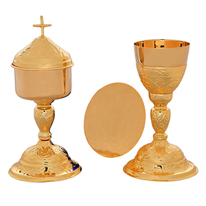 Brass Cross Carved Chalice, Paten & Ciborium Set | Gold Plated <b>Communion</b> Set – DOUBLE VEE EXPORTS - Product Image 1