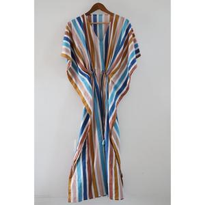 Vintage Boho Striped Block Print Multicolor Kaftan Dress With <b>Tie</b> <b>Back</b> Loose Fit Short Sleeve Cotton Summer Long Dress - Product Image 1