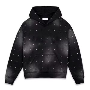 Sweat à capuche zippé Streetwear personnalisé en coton épais noir, coupe oversize, avec impression intégrale délavée à l'acide et strass - Product Image 4