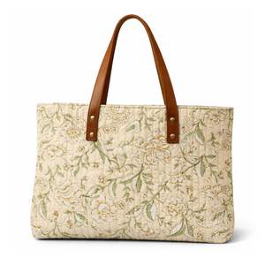 Bolsa de Mano Plegable Ecológica de Lona de Algodón con Estampado de Bloques de Jaipur, Estilo Bohemio Premium, con Asa de Cuero, Ligera y Estructurada - Product Image 1