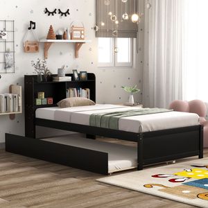Espresso Twin <b>Bed</b> with Trundle and Bookcase for Organization and <b>Space</b> <b>Saving</b> - Product Image 4