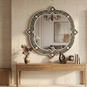 Article très demandé : Cadre de miroir rond en os incrusté, motif écaille de poisson noir, pour décoration murale décorative - Product Image 3