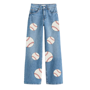 Jean ample vintage taille haute pour femme, respirant, coupe large, en denim, idéal pour le printemps, vêtement décontracté brodé pour les jours de match de baseball - Product Image 2