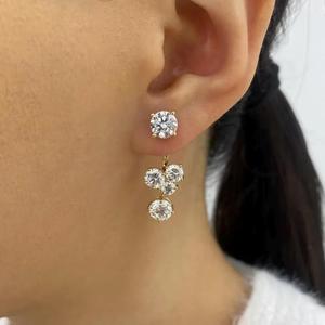 Élégantes boucles d'oreilles pendantes en or jaune avec diamants de laboratoire taille ronde, style cluster avant-arrière, pour femme, bijoux fins - Product Image 3