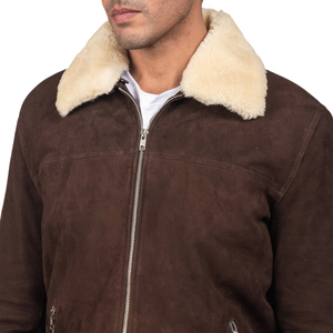 Blouson bomber en daim marron pour homme avec col en fausse fourrure, fermeture éclair, coupe slim, style moto, coupe-vent, pour l'hiver - Product Image 6