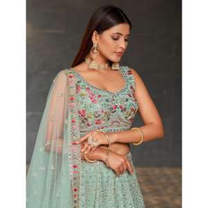 Precioso Sky-Blue Lentejuelas Georgette Recepción Wear Lehenga Choli - Product Image 3