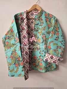 Handmade Knitted Indian Cotton Quilted <b>Jacket</b> Women Block Print Kantha Stitch Reversible Floral Design <b>Lightweight</b> Boho Winter - Product Image 4