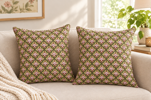 RIDHI Handmade Green Pink Floral 100% Cotton Bohemian Throw Pillow <b>Cover</b> Block Print Piping Removable Reusable for Bedroom <b>Sofa</b> - Product Image 3