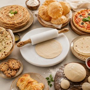 Premium <b>White</b> Marble Chakla Belan Set | Polished Stone Rolling <b>Board</b> with Wooden Rolling <b>Pin</b> for Roti Chapati Paratha Puri Pizza - Product Image 4