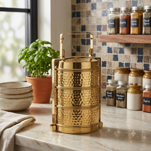Hammered Brass Tiffin <b>Box</b> 3 Tier Stackable Food Carrier Metal <b>Lunch</b> <b>Box</b> With Handle Luxury Kitchen Storage Wholesale - Product Image 2