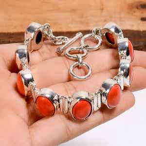 Red Coral Oval Shape Gemstone Silver Bracelet Vintage Style 925 Sterling Silver Bohemian Jewelry Gift - Product Image 5