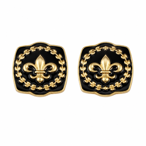 Handmade Fleur De Lis <b>Black</b> Enamel Gold Plated Brass Cufflinks with Crest Design for <b>Men</b>-Formal Wedding Birthday Gift - Product Image 2