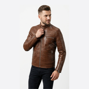 Chaqueta de Cuero PU con Estampado de Cocodrilo para Hombre, Cuello Alto, Cierre de Cremallera, Estilo Motero, Corte Ajustado, para Otoño - Product Image 4