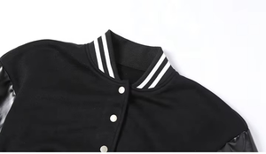 <b>Black</b> Cropped Varsity <b>Jacket</b> <b>Women</b> Full Sleeve Turn-down Collar PU Leather Contrast Trim Autumn Streetwear - Product Image 6