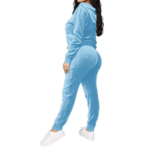 Women Solid Color <b>Velour</b> <b>Tracksuit</b> Hooded Full Sleeve Zipper Casual Jogging Set Autumn Wear - Product Image 6