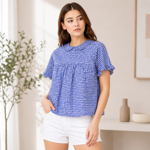 Blusa de popelina de algodón a cuadros azul para mujer, con cuello Peter Pan, manga con volantes, logo frontal, corte holgado, top de primavera/verano - Product Image 3