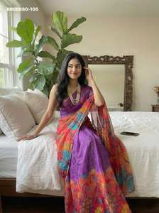 Sari de seda Tabby de alta calidad con estampado digital y trabajo Cutdana-Khatli, conjunto de blusa, fabricado en Surat. - Product Image 2