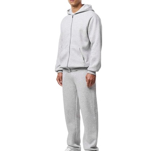 Ensemble de survêtement 2 pièces pour homme, sweat-shirt à fermeture éclair gris et pantalon de survêtement, en molleton de coton épais, vêtements de sport décontractés - Product Image 1