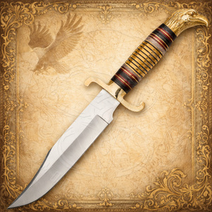 Couteau de chasse d'extérieur durable fait main en acier J2, type Bowie, avec bord partiellement dentelé, manche en laiton motif aigle et garde en laiton - Product Image 3