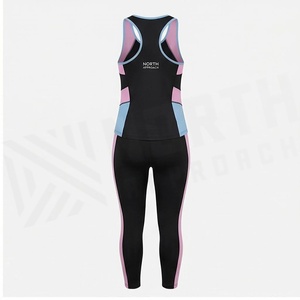North Approach 2 Piece Yoga Set Black Pink Blue Contrast Color Blocking Racerback Tank <b>Top</b> Full Length Leggings <b>Sweat</b> Wicking - Product Image 2